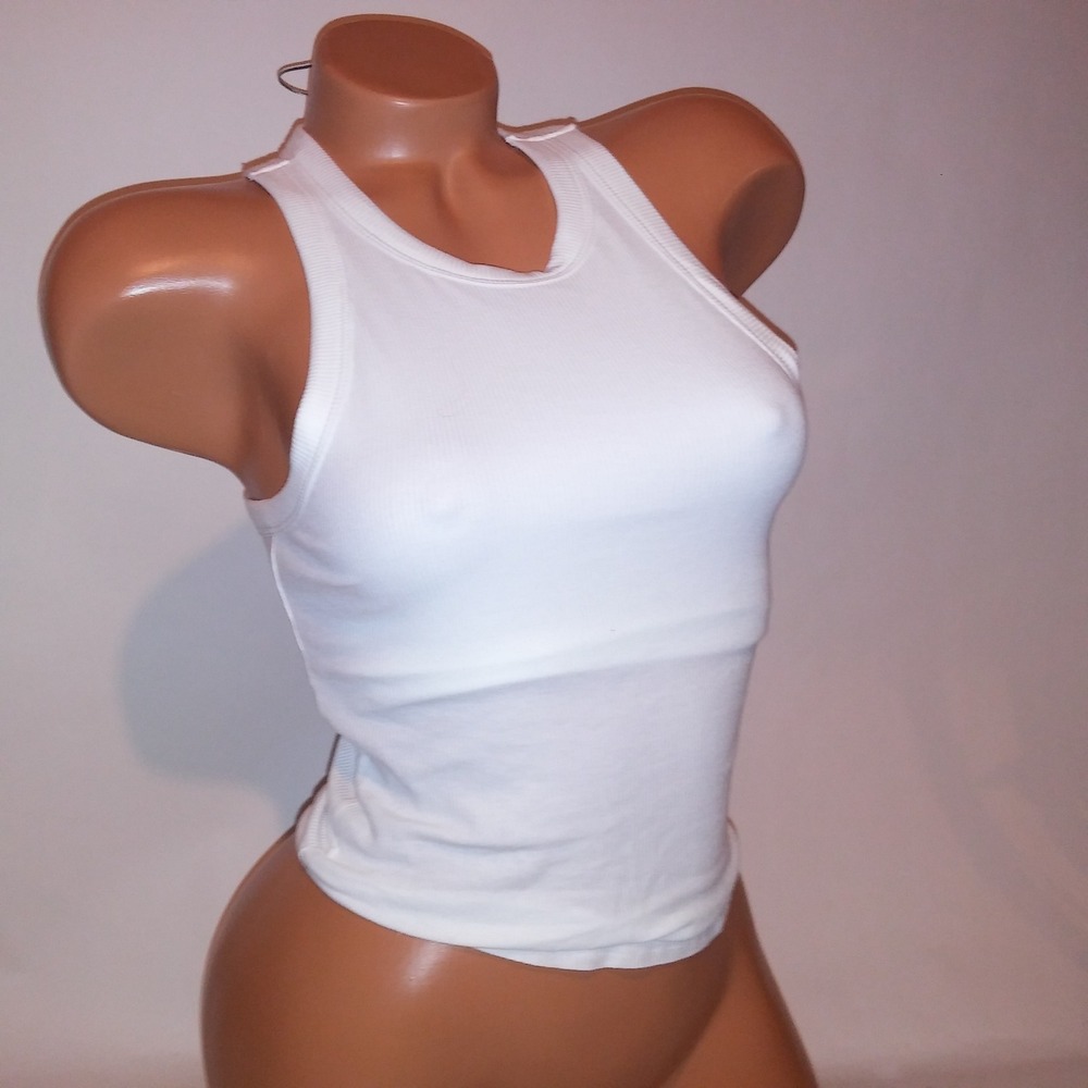 Victoria Secret PINK Tank Top Crop Small White Ribbed Solid Shelf Bra Sleeveless